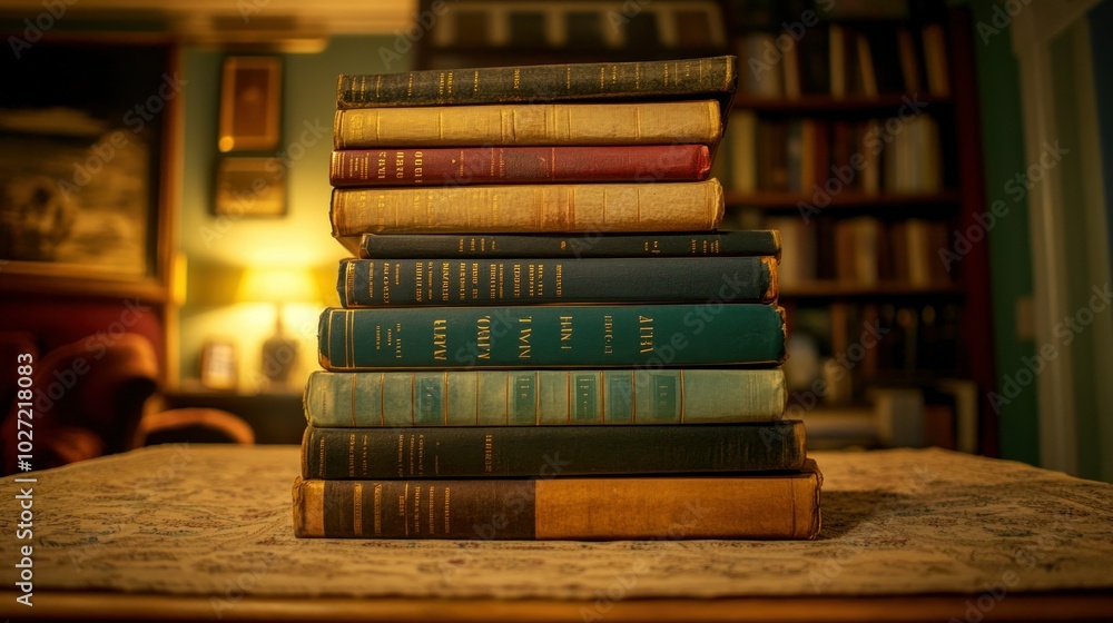 Poster Stack of Vintage Books on a Table in a Dimly Lit Room