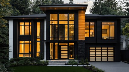 Contemporary black and white house with large windows, wood detailing, and an elegant, modern design Front view with garage