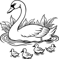 simple icon Children coloring book page, line art, monochrome black and white, cartoon outline cute style, illustration of a swan