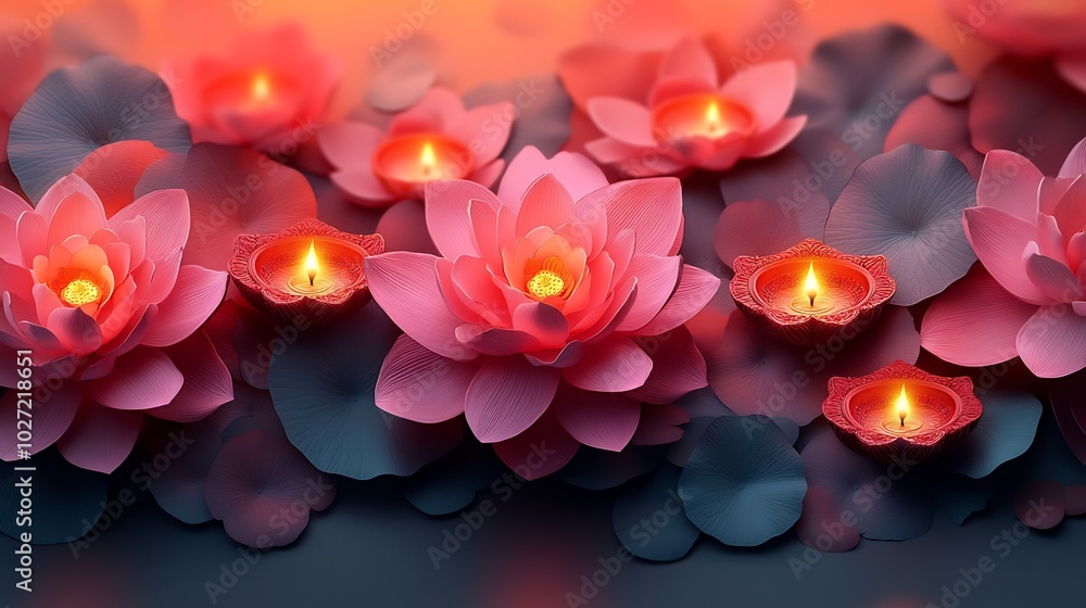 Poster diwali vector background a symmetrical lotus flower pattern surrounding soft glowing diyas in warm h
