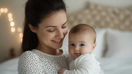 A joyful mother gently holding her smiling baby in a cozy indoor setting, capturing a moment of love and connection between parent and child.