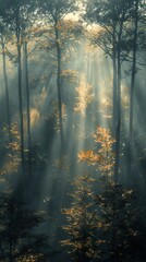 Fototapeta premium Golden Sunlight Through Foggy Forest