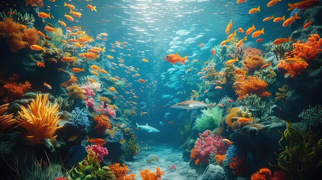 An enchanted very colorful underwater world with lots of different species of fish and sharks and octopus.