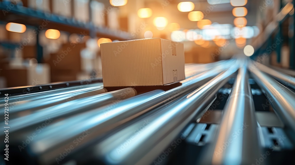 Aufkleber close up of a conveyor belt with a box on it.