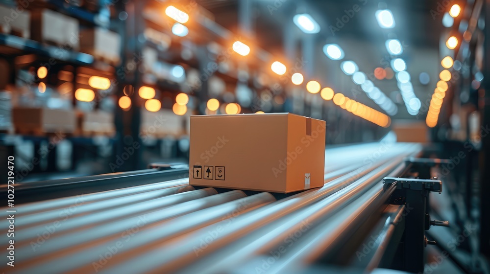 Poster Close up of a conveyor belt with a box on it.