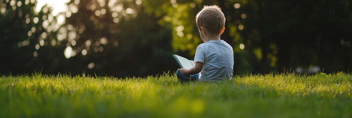 A young boy sits engrossed in a book on a lush green field, surrounded by nature under clear skies, representing childhood curiosity and learning.