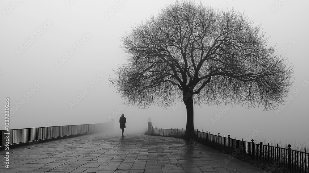 Poster a man is walking on a path next to a tree. the sky is overcast and the weather is foggy