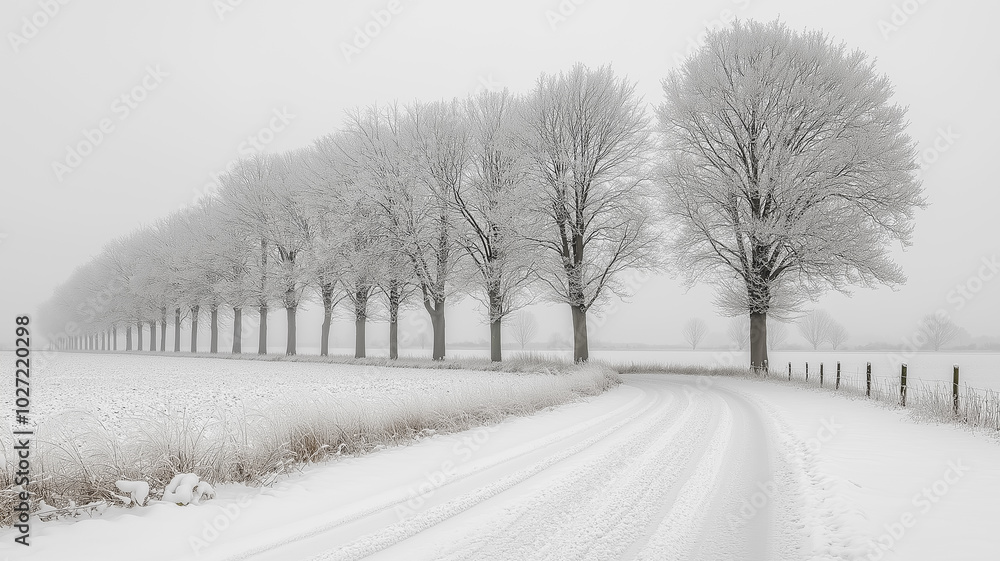 Poster a snowy road with a row of trees in the background. the trees are bare and the snow is covering them