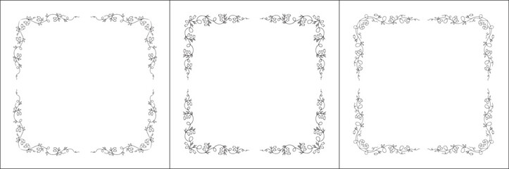 Set of three vegetal vector frames with forest flowers and leaves, bluebells frame. Black and white. Vector frame for all sizes and formats. Isolated vector illustration.	
