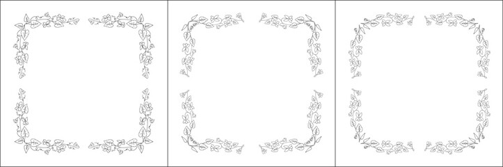 Set of three vegetal vector frames with violet flowers and leaves. Black and white. Vector frame for all sizes and formats. Isolated vector illustration.	