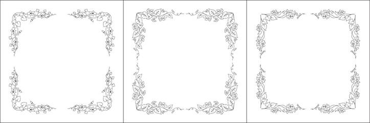 Set of three vegetal vector frames with violet flowers and leaves. Black and white. Vector frame for all sizes and formats. Isolated vector illustration.	