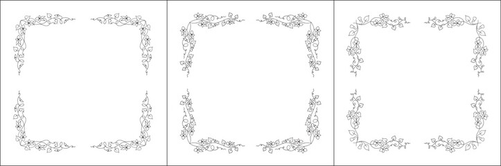 Set of three vegetal vector frames with violet flowers and leaves. Black and white. Vector frame for all sizes and formats. Isolated vector illustration.	