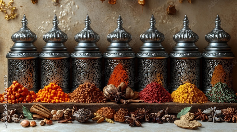Poster elegant diwalithemed product display showcasing ornate silver utensils colorful spices festive decor