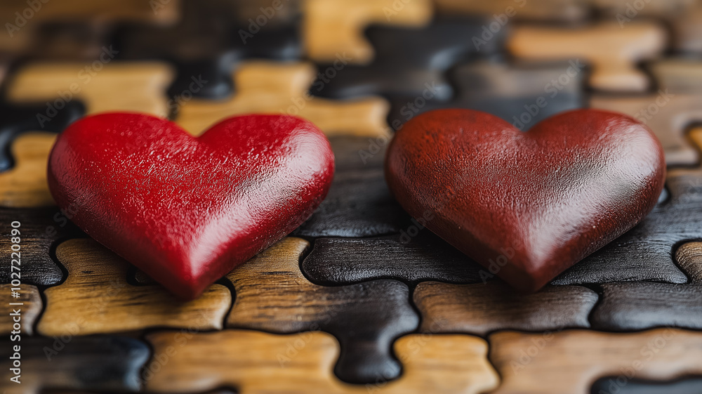 Poster two red hearts are placed on a wooden surface, creating a heart-shaped puzzle. the puzzle pieces are