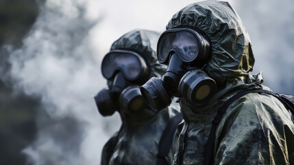 Group of individuals wearing black protective suits and gas masks during a safety drill in an outdoor location at dusk