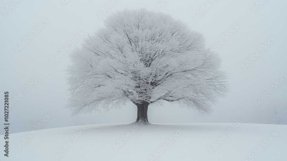 Poster a large tree is covered in snow and is standing alone in a field. the image has a serene and peacefu