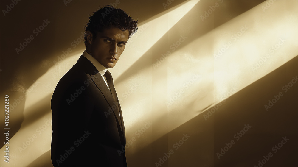 Poster a man in a suit is standing in front of a wall with a shadow on it. concept of formality and profess