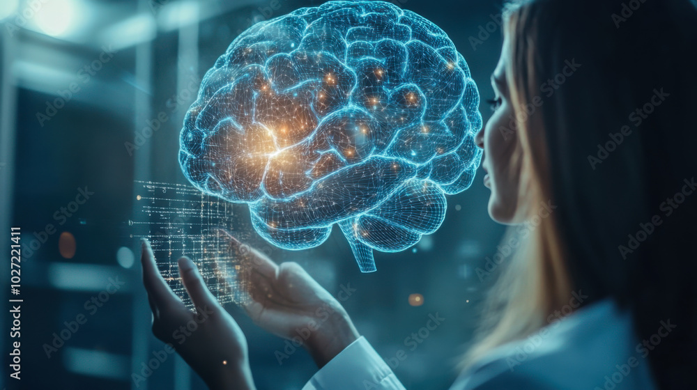 Poster a scientist in a lab coat interacts with digital brain visuals while wearing a mask, showcasing cutt