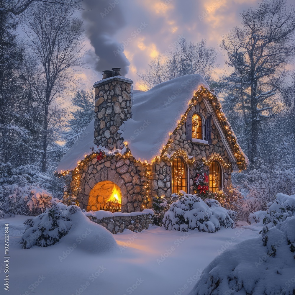 Wall mural Cozy stone cottage with glowing windows and a fireplace, covered in snow under a wintery sky.