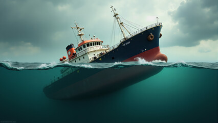 Naklejka premium Ein Schiff versinkt im Wasser