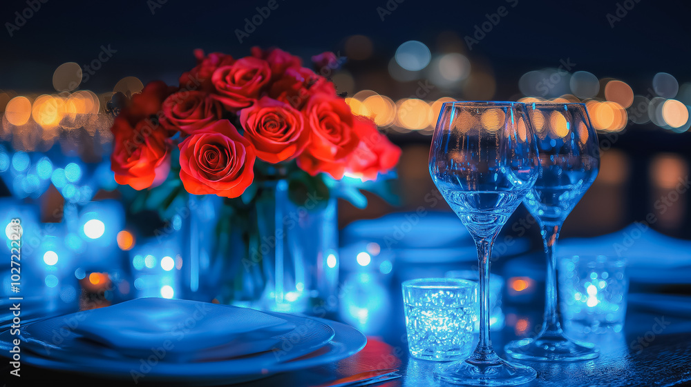 Poster a table with a vase of red roses and two wine glasses. the table setting is elegant and sophisticate