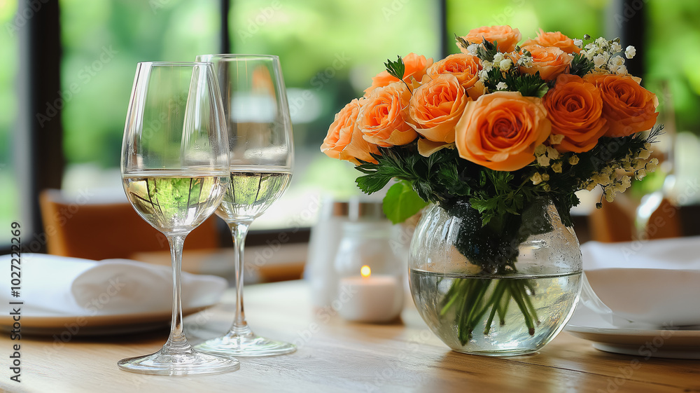 Poster a table with two wine glasses and a vase of orange roses. the table setting is elegant and inviting,