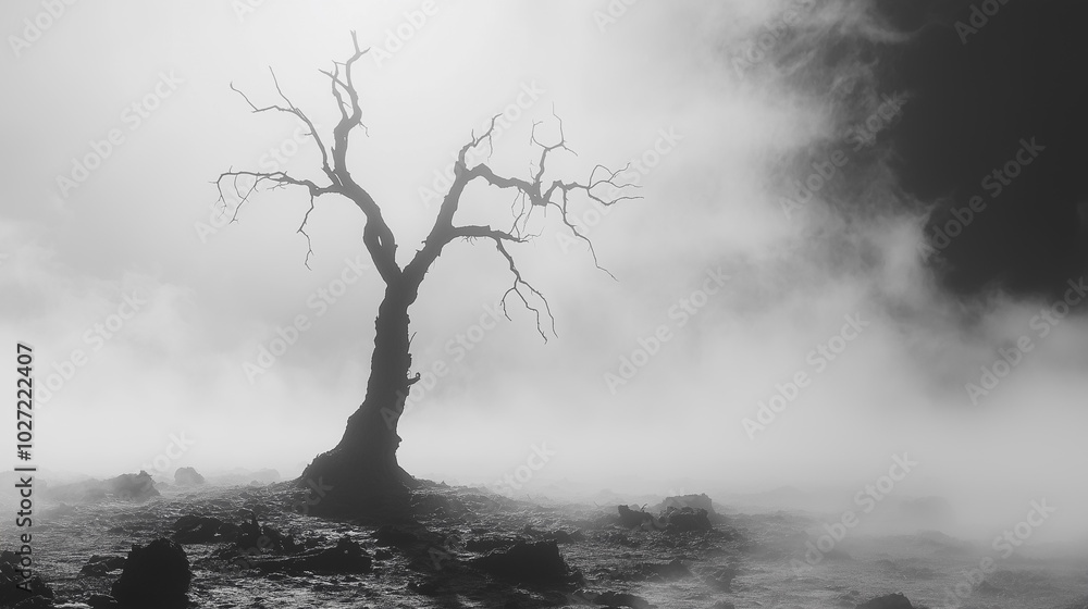 Poster a tree is standing alone in a foggy field. the image has a moody and eerie atmosphere, with the fog 