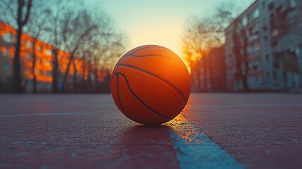 Close-up of a wet basketball on an outdoor court during sunset, rainy game paused, evening light reflections, sports equipment, anticipation of play
