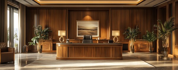 Modern Executive Office Interior Design with Wooden Desk and Lamps