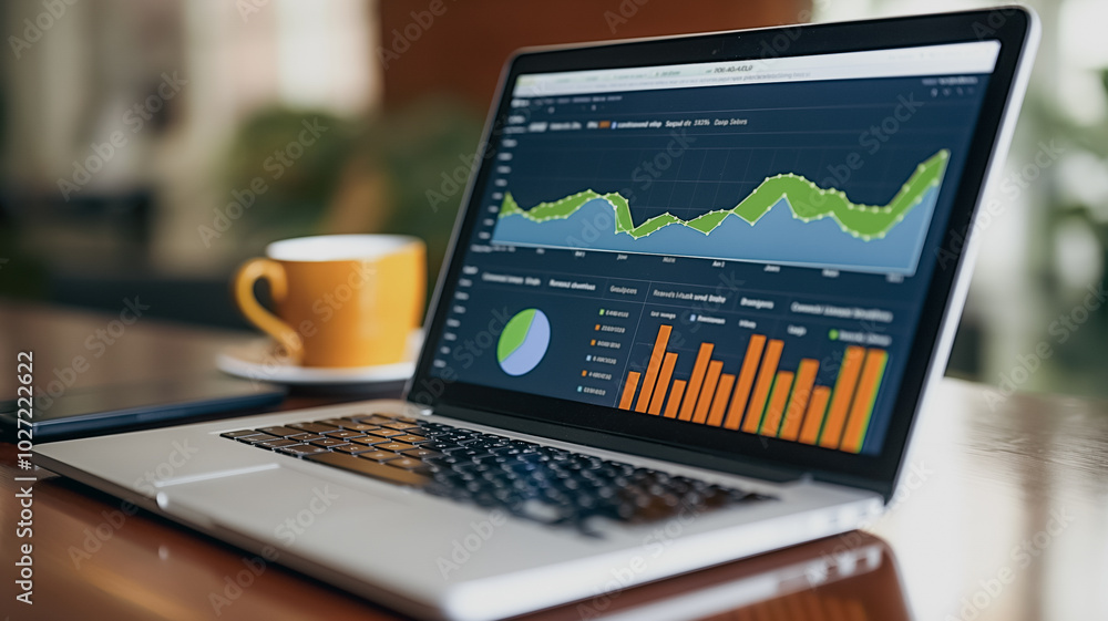 Poster a laptop is open to a screen with a graph and a cup of coffee next to it. the laptop is displaying a