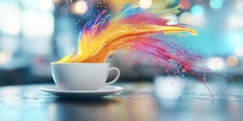 A vibrant splash of colorful liquid emerging from a white cup, creating a dynamic and artistic composition in a lively environment.