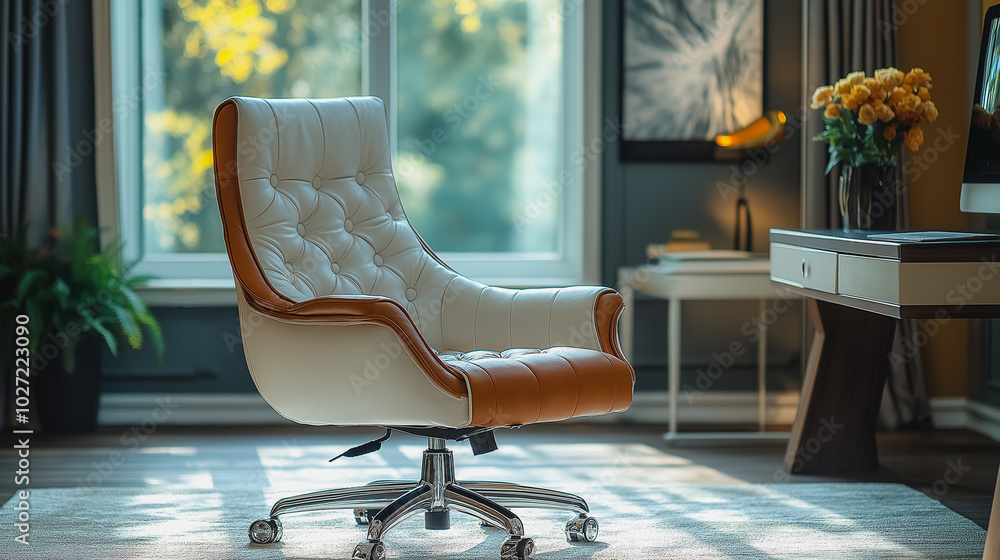 Poster a white and brown chair sits in front of a window with a view of trees. the chair is positioned in f