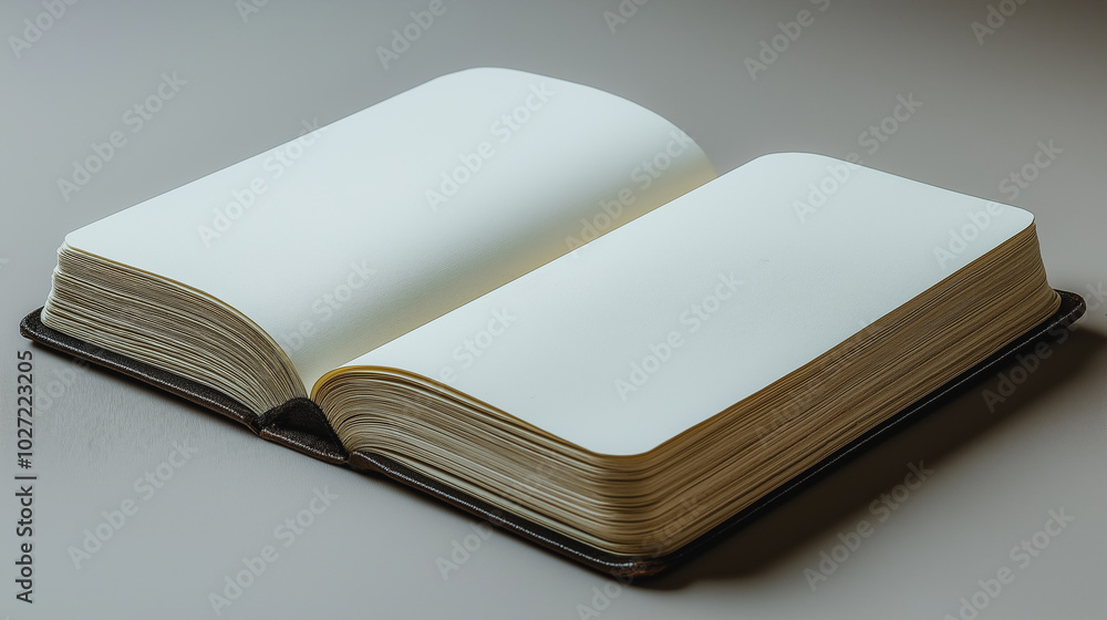 Poster a book is open to a blank page. the book is on a table