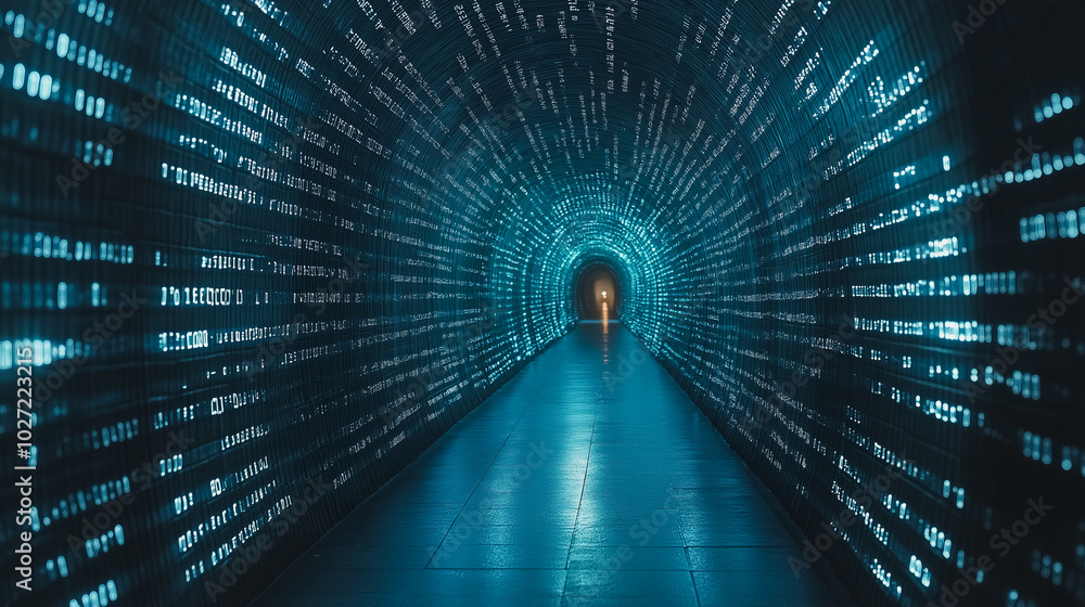 Poster a tunnel with a light at the end. the tunnel is filled with blue and white lines. the light is the o