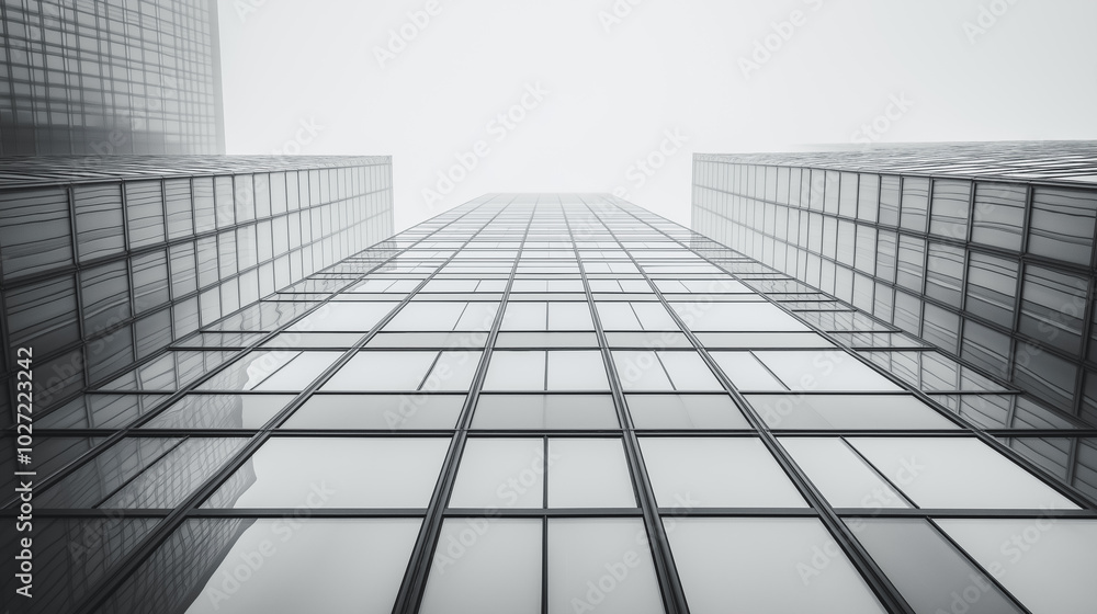 Poster a tall building with many windows and a cloudy sky in the background. the building is very tall and 