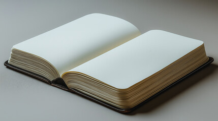 A book is open to a blank page. The book is on a table