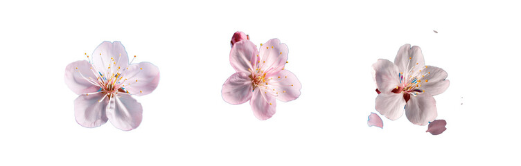Three images of a pink flower with a yellow center against a blue background.