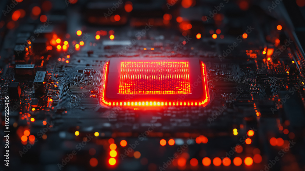 Aufkleber a computer chip is lit up in red. the image is a close up of the chip, with the red light shining br
