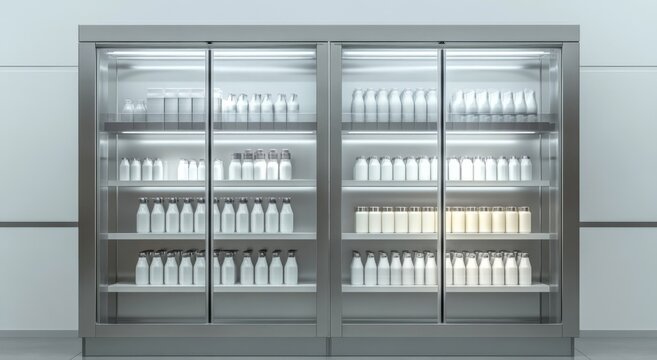A refrigerated glass display case filled with rows of white milk bottles and cartons.