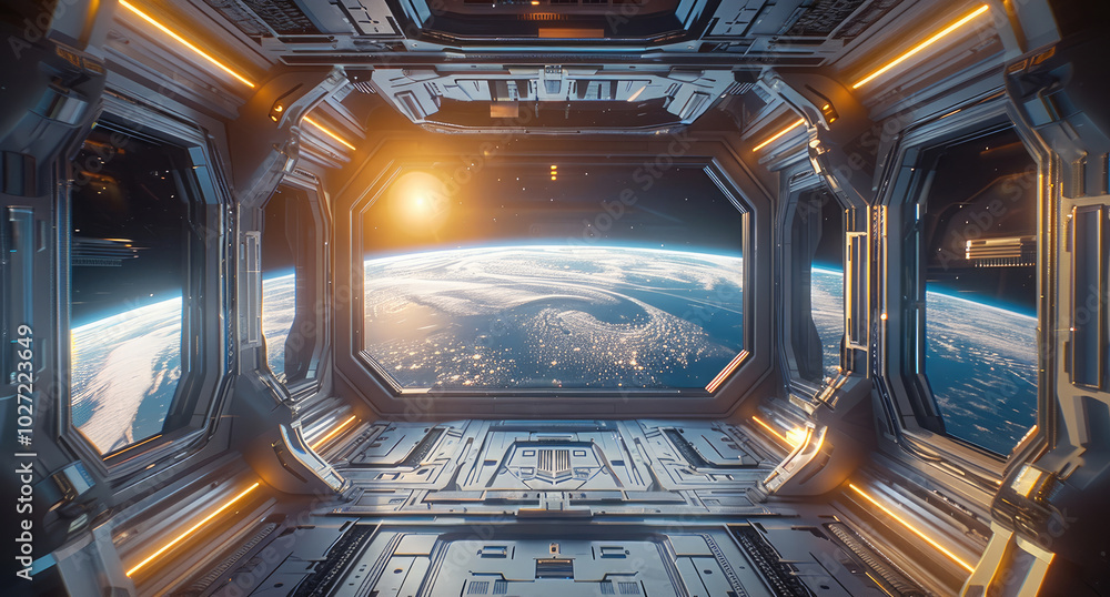 Poster The view of the Earth from inside an empty space station with large windows, a planet in the background, a window showing the Earth, and futuristic technology elements on both sides of it.
