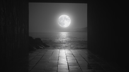 A moon is shining on the water. The sky is dark and the moon is the only light source