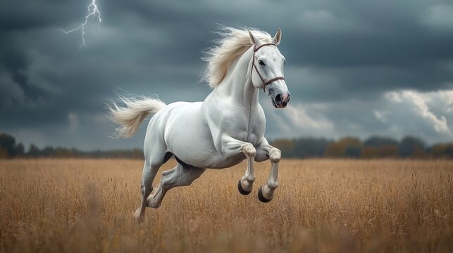 Powerful white horse running freely in an open field under grey stormy sky, wind blowing through mane, majestic and strong, dynamic motion in nature, beauty of wilderness