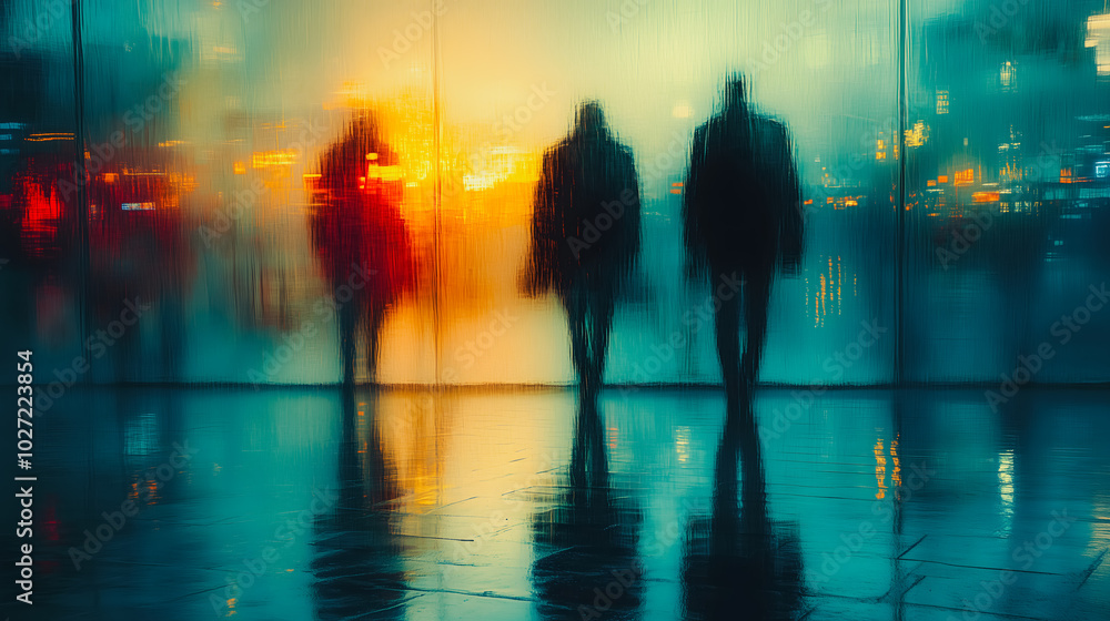 Poster a blurry image of three people walking in the rain. the image is a reflection of the people in the w