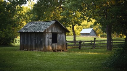 Fototapeta premium Rustic Wooden Shed in Scenic Green Landscape