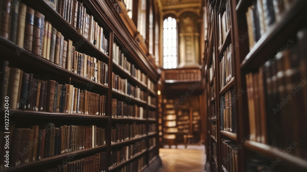 Poster A Narrow Passageway Lined with Bookshelves in an Old Library