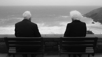 Fototapeta premium Two men sitting on a bench by the ocean. One of them is wearing a tie. The other man is wearing a hat