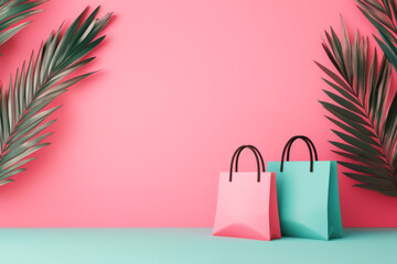 Bright and colorful shopping bags with tropical leaves against a vibrant pink background, perfect for retail-themed designs.