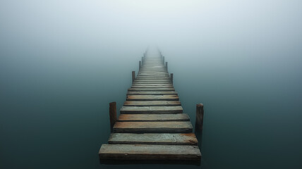 A wooden bridge over a body of water with fog in the background