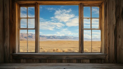 Fototapeta premium A rustic wooden window frame with three panes looks out onto a vast, dry desert landscape with mountains in the distance under a bright blue sky with white clouds.