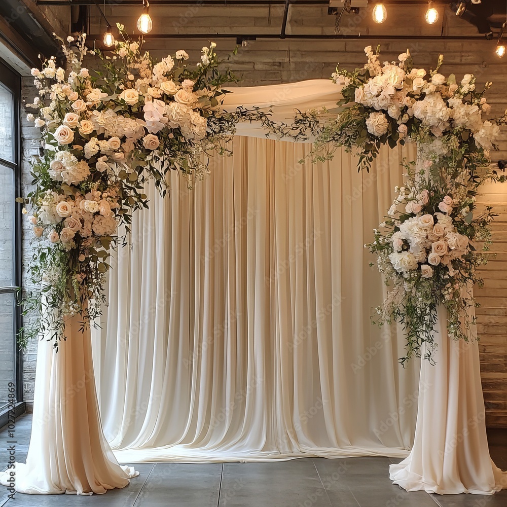 Wall mural Elegant wedding ceremony backdrop with white floral arrangements and draped fabric.